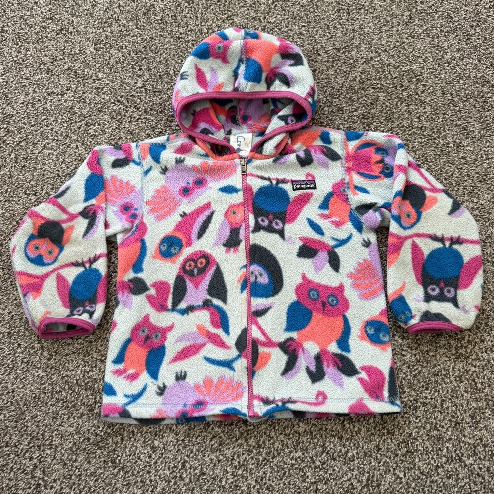 Patagonia Baby Synchilla Cardigan Fleece Full Zip Hooded Size 4T Owls Hooded